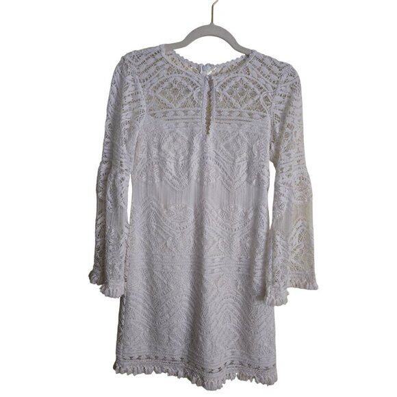 Nanette Lepore White Crochet Lace Fringe Hem Keyhole Designer Dress Size 0 - Picture 1 of 7